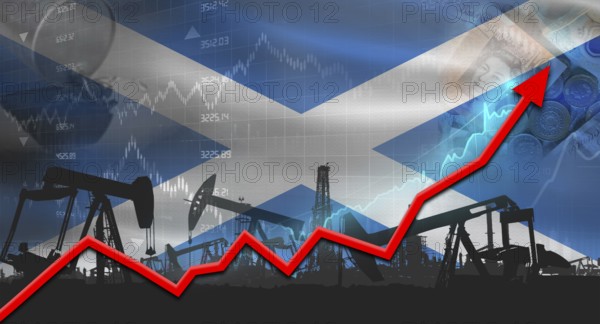 Oil pumps with Scotland flag. Oil production with Scotland flag, petrol industry