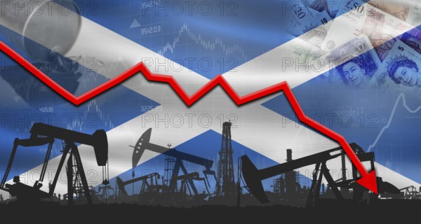 Fall oil price with flag of Scotland on economic chart, Petrol crisis with Scotland flag on financial graph