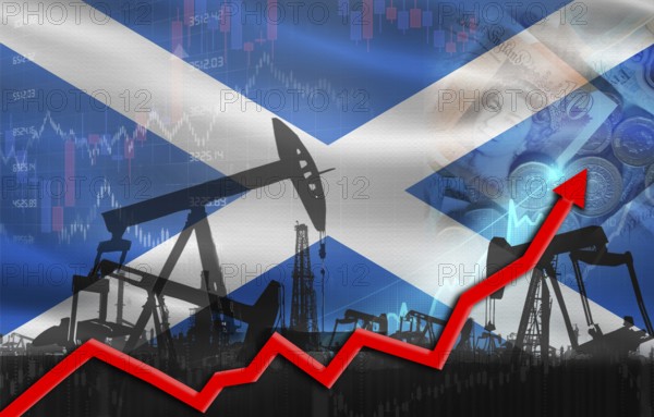 Oil production with Scotland flag, petrol industry. Oil pumps with Scotland flag