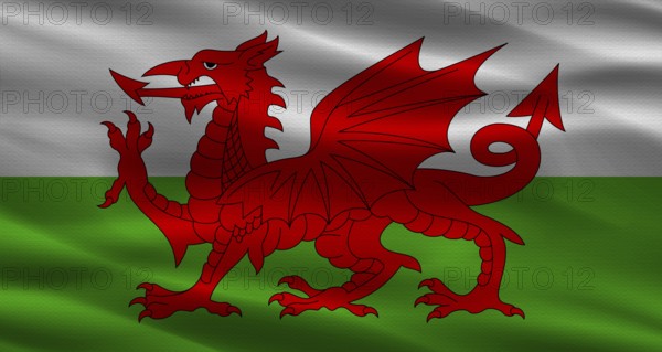 Wales flag with fabric texture. Realistic flag of Wales waving