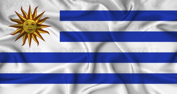 Realistic Uruguay flag waving. Close up of flag of Uruguay with cloth texture