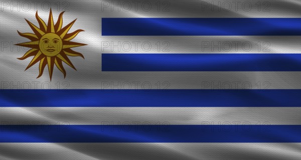 Uruguay flag with fabric texture. Realistic flag of Uruguay waving