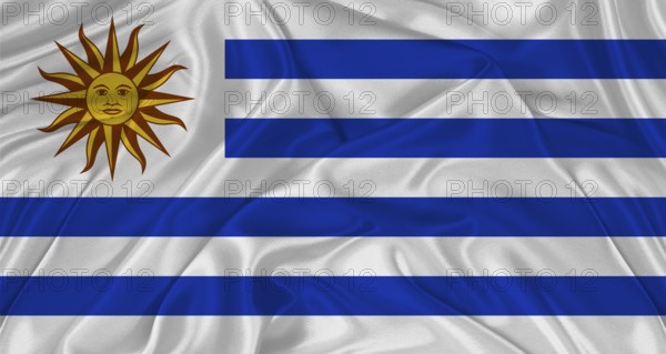 Flag of Uruguay with cloth texture. Close up of Uruguay flag waving