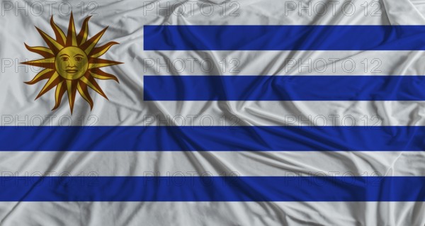 Uruguayan flag with fabric texture background. National flag of Uruguay