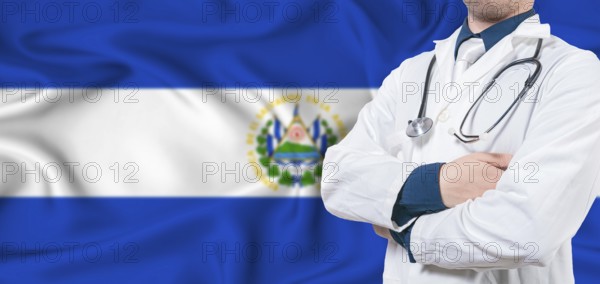 El Salvador healthcare concept. Male doctor on El Salvador flag. Doctor with crossed arms on El Salvador flag