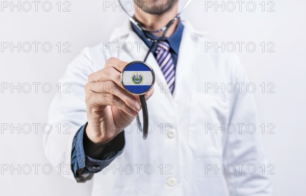El Salvador healthcare system, doctor holding stethoscope. El Salvador health and medical insurance concept