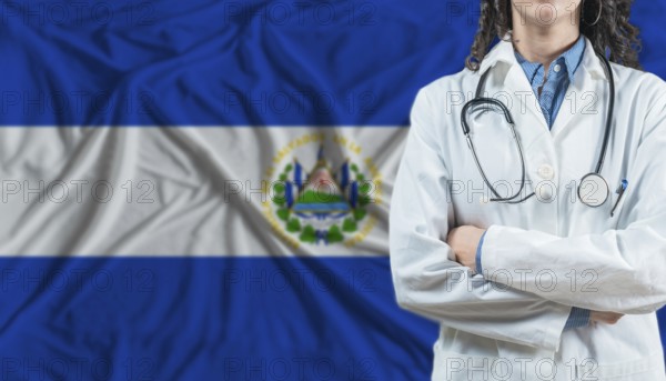 Medical professional on El Salvador flag. Healthcare and wellness in El Salvador, Concept
