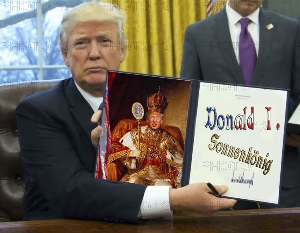 Symbolic image, Donald 1 Sun King, Trump on a vendetta, persecution of all opponents, autocracy, military against US citizens, US democracy in danger, EU and Germany under political pressure, industry, Donald Trump, tariff threats, Elon Musk, Mark Zuckerberg, social networks, fake news, rights broken, hatred, agitation, DSG Digital Services Act, re-election, USA, politics, announcements, wanted dictator, Republicans, US electoral system, global danger, lies, 2nd term, global burden, Ukraine war, storm White House, governing with decrees term, global burden, Ukrainian war, White House storm, governing with decrees