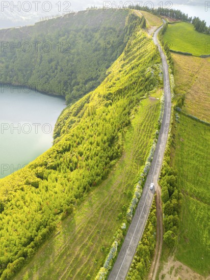 Car on Road with Hydrangeas. Green Lush Fields and Trees. Azores, Sao Miguel Island. Portugal. Aerial View