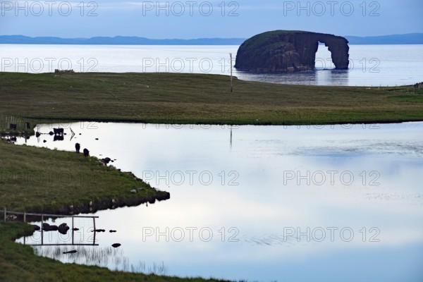 Calm sea inlet with rocky arch in the background and cloudy sky, Horsehead, Eshaness, Shetland Islands, Scotland, United Kingdom