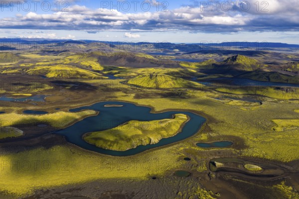 Moss-covered landscape and lakes in the Icelandic Highlands, Iceland