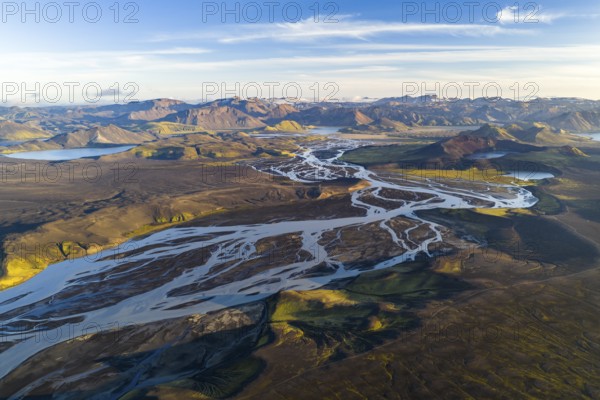 Landscape with river and mountains, Icelandic Highlands, Iceland