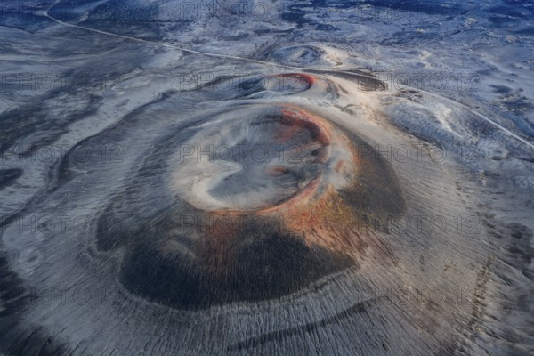 Red craters in black sand desert, Icelandic Highlands, Iceland