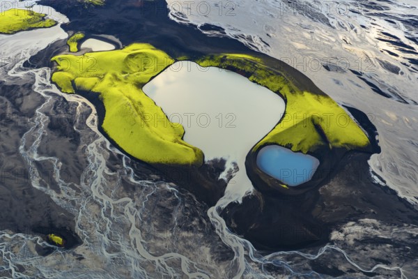 Turquoise-coloured crater lake with moss-covered crater rims in the Icelandic highlands, surrounded by glacial rivers, Iceland