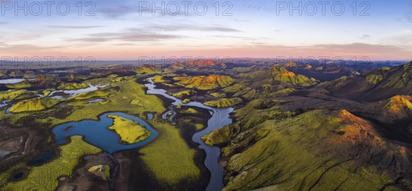 Moss-covered landscape and lakes in the Icelandic Highlands, Iceland
