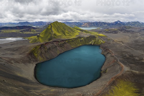 Crater lake Hnausapollur or Bláhylur, Landmannalaugar, Fjallabak Nature Reserve, Icelandic Highlands, Iceland