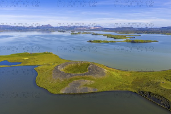 Lake Myvatn with pseudo-crater, North Iceland, Iceland