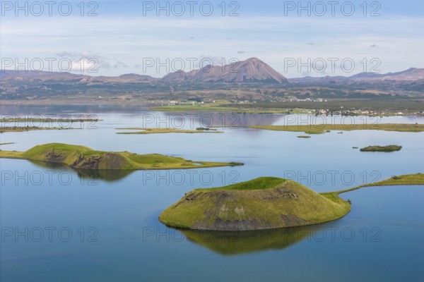 Lake Myvatn with pseudo-crater, North Iceland, Iceland