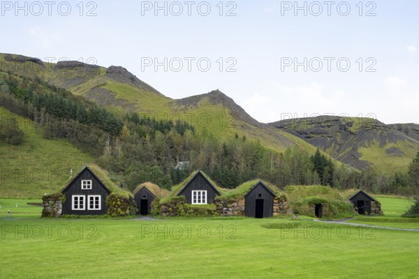 Traditional houses with grass roofs at Skogar Museum, South Iceland, Iceland