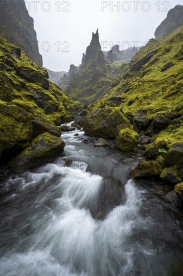 River in narrow gorge, Þakgil, Pakgil, Icelandic Highlands, Iceland