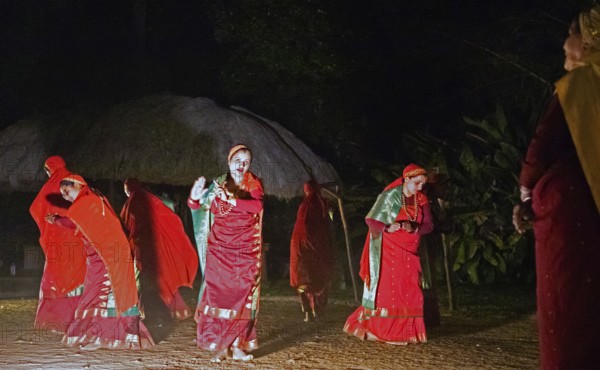 Kodava woman in traditional dress dancing in the evening, Coorg, Karnataka, India