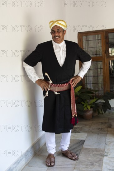 Indian man, 63 years old, from the Kodava clan in traditional dress, Coorg, Karnataka, India