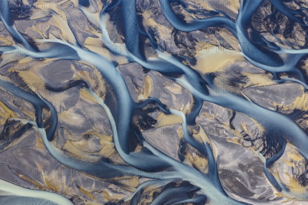 Branching course of a glacial river, abstract structures, South Iceland, Iceland