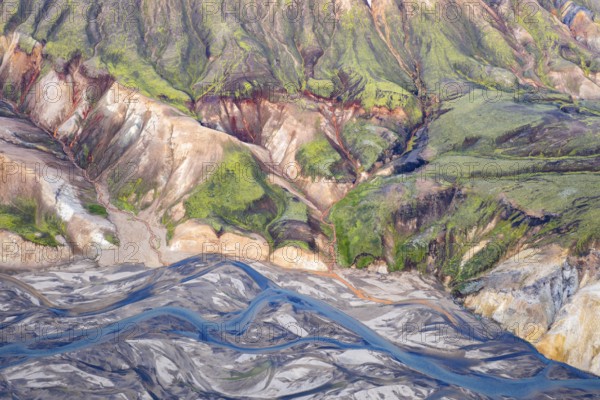 Rhyolite mountains and river course in Landmannalaugar, Fjallabak Nature Reserve, Icelandic Highlands, Iceland