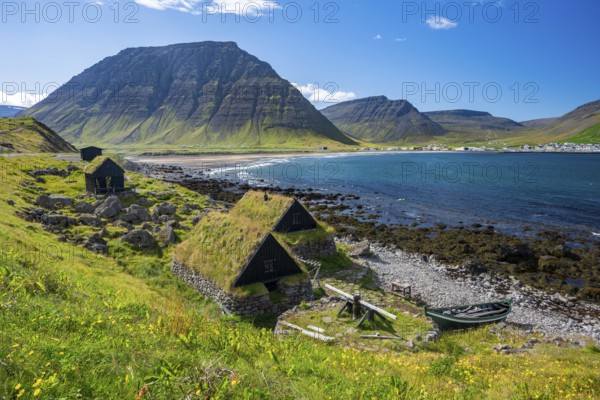 Traditional houses of an old fishing village, Ósvör Fishing Museum, Bolungarvik, Westfjords, West Iceland, Iceland