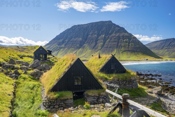Traditional houses of an old fishing village, Ósvör Fishing Museum, Bolungarvik, Westfjords, West Iceland, Iceland