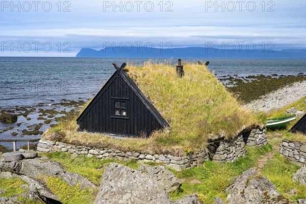 Traditional houses of an old fishing village, Ósvör Fishing Museum, Bolungarvik, Westfjords, West Iceland, Iceland