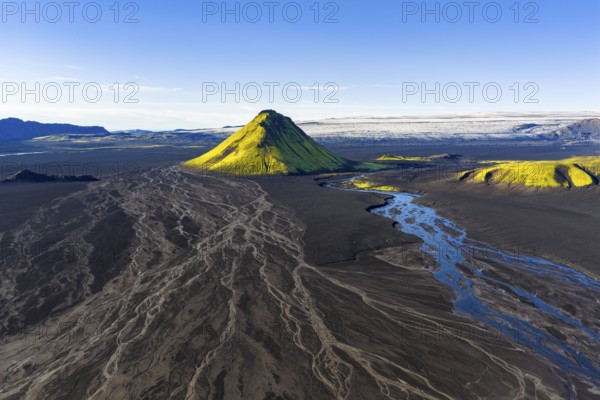 Moss-covered mountain Mælifell, Maelifell, behind glacier Myrdalsjökull, Icelandic Highlands, Iceland