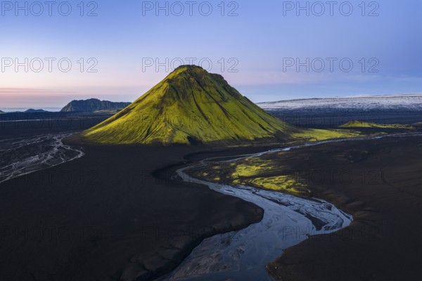 Moss-covered mountain Mælifell, Maelifell, behind glacier Myrdalsjökull, Icelandic Highlands, Iceland