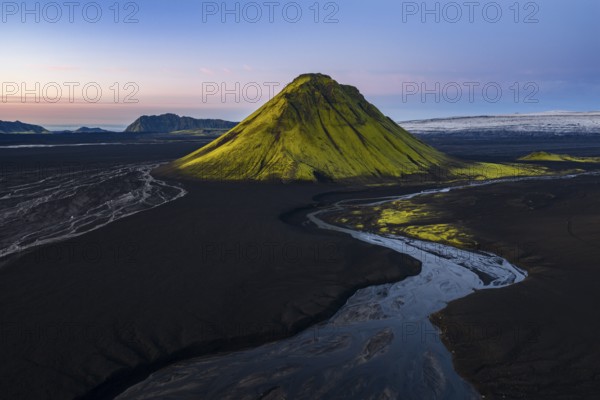 Moss-covered mountain Mælifell, Maelifell, behind glacier Myrdalsjökull, Icelandic Highlands, Iceland