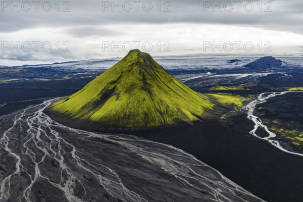 Moss-covered mountain Mælifell, Maelifell, behind glacier Myrdalsjökull, Icelandic Highlands, Iceland