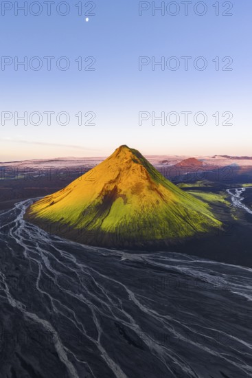 Moss-covered mountain Mælifell, Maelifell, behind glacier Myrdalsjökull, Icelandic Highlands, Iceland