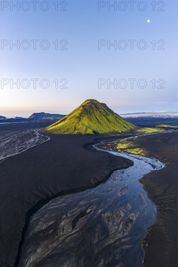 Moss-covered mountain Mælifell, Maelifell, behind glacier Myrdalsjökull, Icelandic Highlands, Iceland