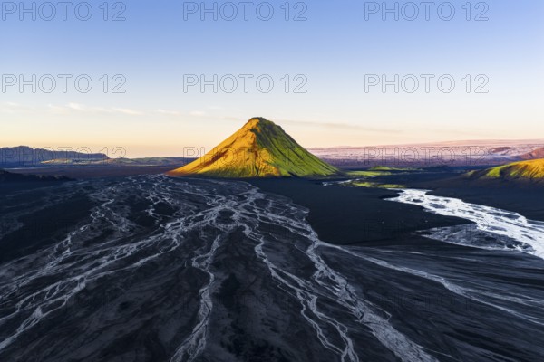 Moss-covered mountain Mælifell, Maelifell, behind glacier Myrdalsjökull, Icelandic Highlands, Iceland