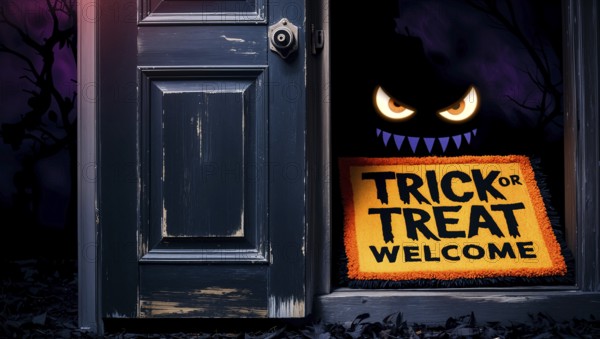 A dark doorway features an ominous figure with glowing eyes. A vibrant welcome mat with Halloween themes invites trick-or-treaters on a spooky night. AI generated