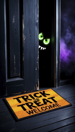 A dark door slightly ajar reveals a hidden monster with glowing green eyes and a spooky atmosphere, looking and waiting for trick-or-treaters on Halloween night. A bright orange welcome mat with text trick or treat in front of the door. AI generated