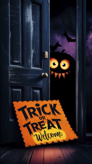 Spooky Halloween door with a welcoming sign reading trick or treat and playful cute pumpkin monster with glowing orange eyes lurking, silhouettes of bats flying in the purple sky in the background. AI generated