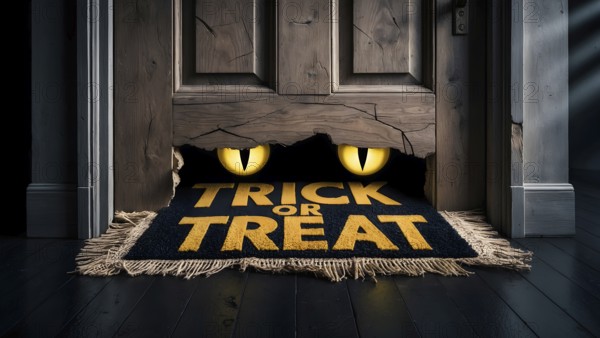 Worn wooden door with glowing monster eyes behind a tattered welcome mat that reads trick or treat during Halloween celebration. AI generated