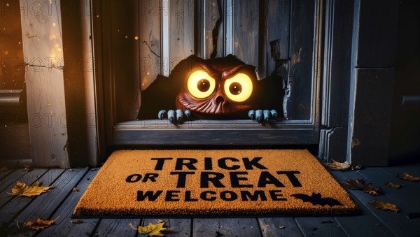 An eerie wooden door revealing a monster with yellow glowing eyes peeking through a hole. A trick or treat welcome mat on the floor, enhancing the Halloween atmosphere. AI generated