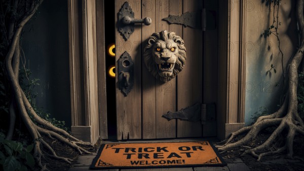 Two bright yellow eyes peer out from the wooden door with a lion knocker, waiting for trick or treaters on Halloween night. Door mat with trick or treat text in front of the door, the door surrounded by tree roots. AI generated