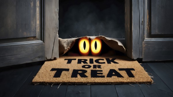 A welcoming mat with the words Trick or Treat sits at a doorway. Spooky yellow monster eyes peek out from under the mat, creating a festive Halloween atmosphere at night. AI generated
