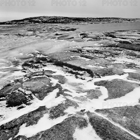 Rocky landscape in Ramvikslandet nature reserve, black and white, analogue, Bohuslän, Västra Götaland, Sweden