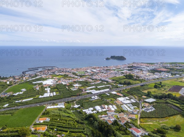 Vila Franca Do Campo Town, Vila Franca Islet and Atlantic Ocean. Azores, Sao Miguel Island, Portugal. Aerial View