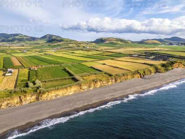 Areal de Santa Barbara Beach, Green Lush Fields and Atlantic Ocean. Azores, Sao Miguel Island. Portugal. Aerial View