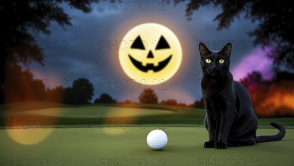 A black cat sits by a golf ball under a glowing jack-o'-lantern moon in a shadowy landscape on Halloween night. AI generated