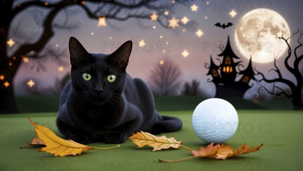 A black cat sits beside autumn leaves and a golf ball, with a full moon and haunted house in the background. AI generated